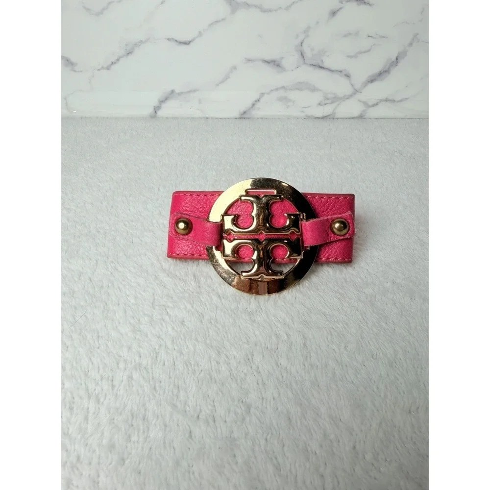 TORY BURCH Leather Logo Double Snap Cuff / Wrap Bracelet.